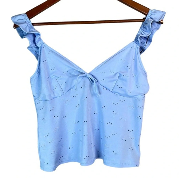 H&M Tie-Detail Jersey Top Baby Blue Eyelet Ruffled Strap V-neck Tie Back S - Picture 3 of 11